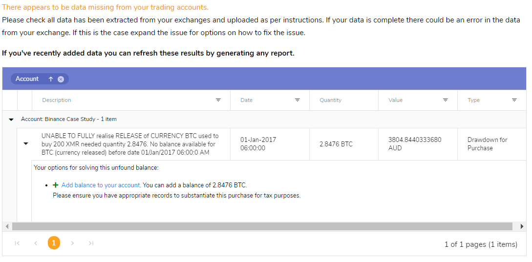 Crypto Tax Report Comparison 1 CHAINOMETRY Unfound Balances Corrections