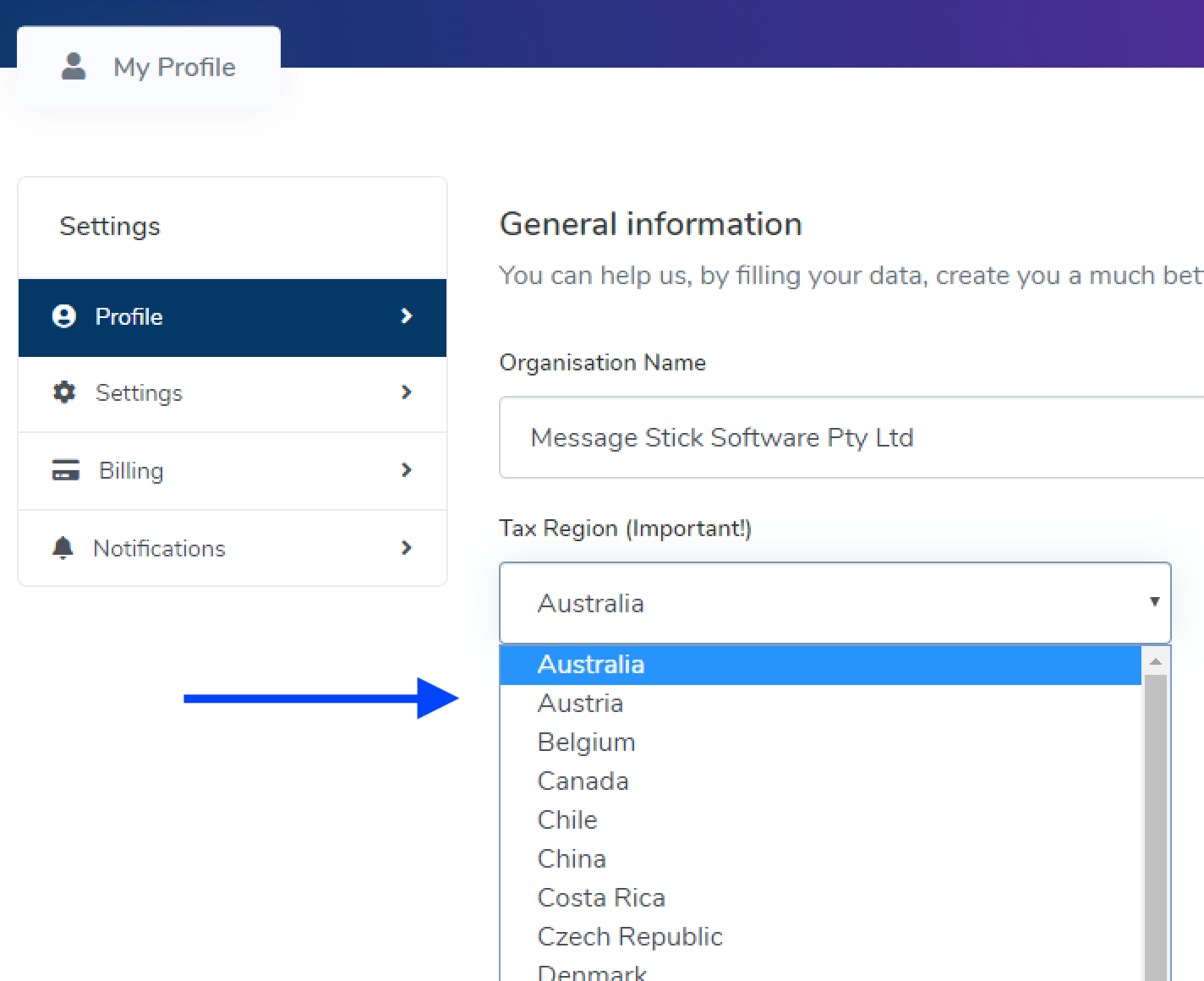 Tax Region Dropdown List